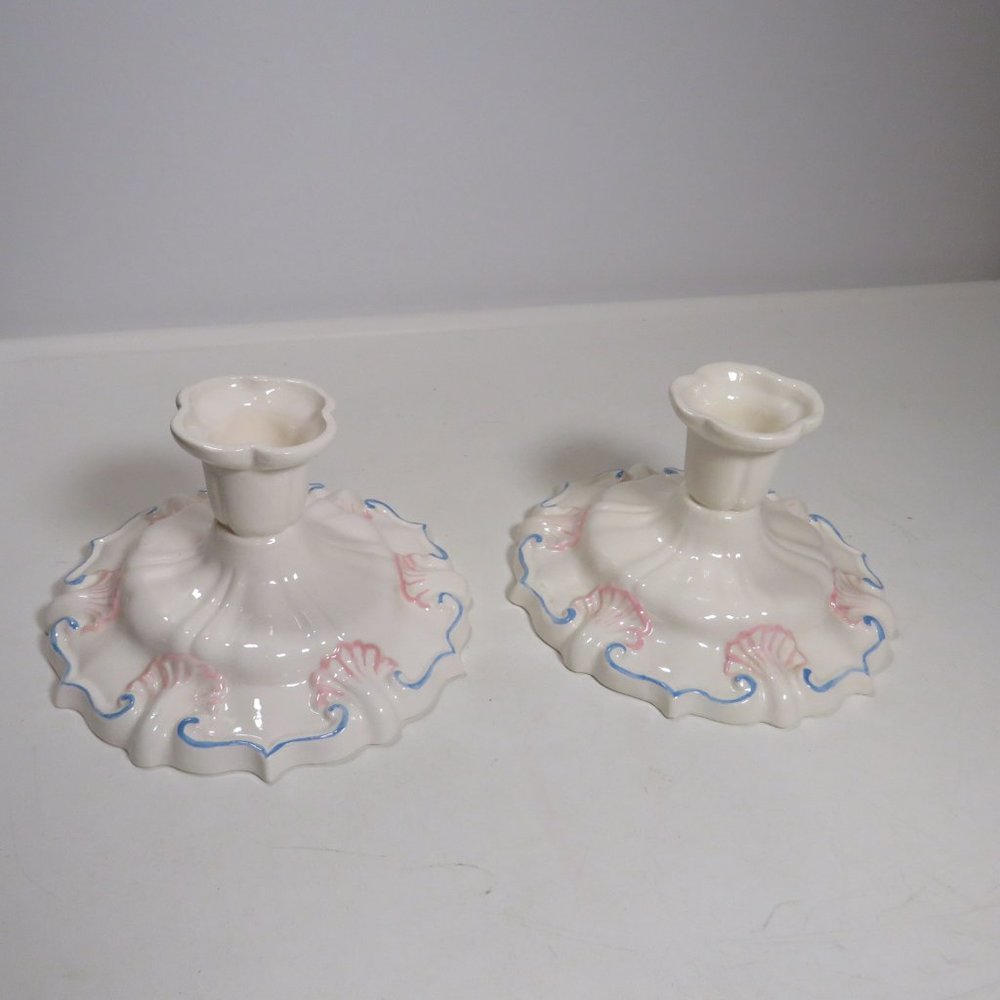 Ceramic CANDLE HOLDERS (set of 2) Pink & Light Blue on white handcrafted 1984 - Picture 2 of 13